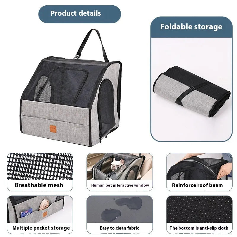 Gray portable foldable car pet cage with waterproof Oxford dog mat and PVC pipe frame for dog travel