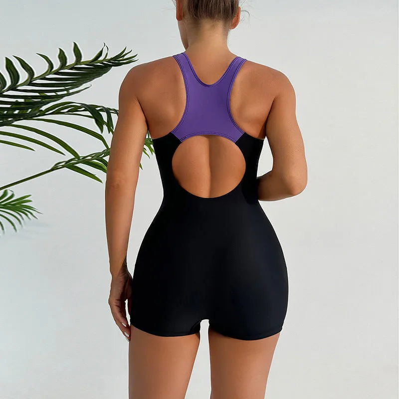 Women's one-piece floral print backless swimsuit in polyester, available in blue, green, purple, and fluorescent green, sizes S to XL
