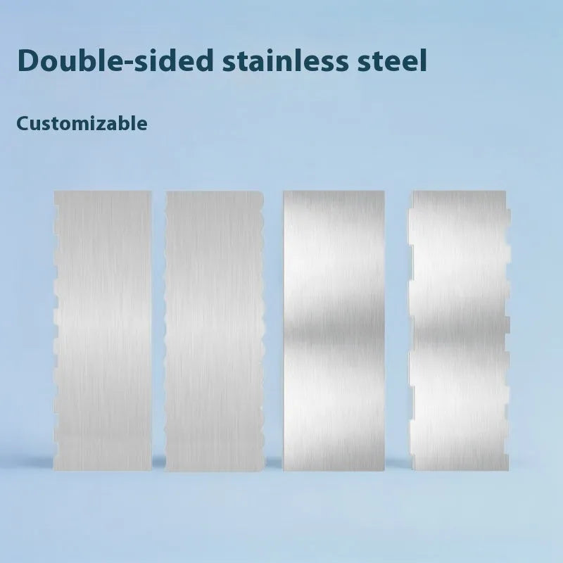Stainless steel cream scraper with polygon cake patterns in six style variations