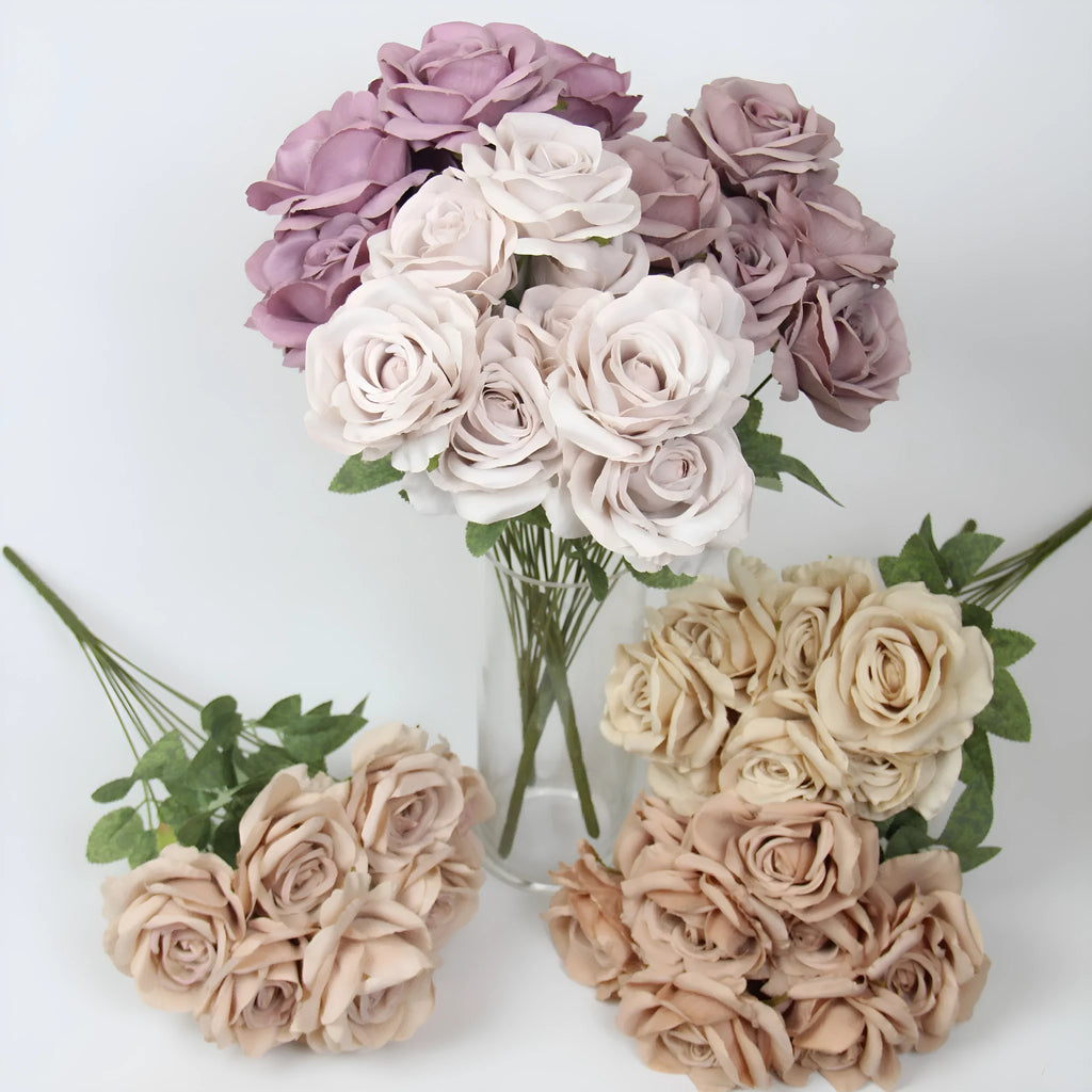 Simulation 10-head rose artificial silk flower in white, 53cm tall, for wedding decoration