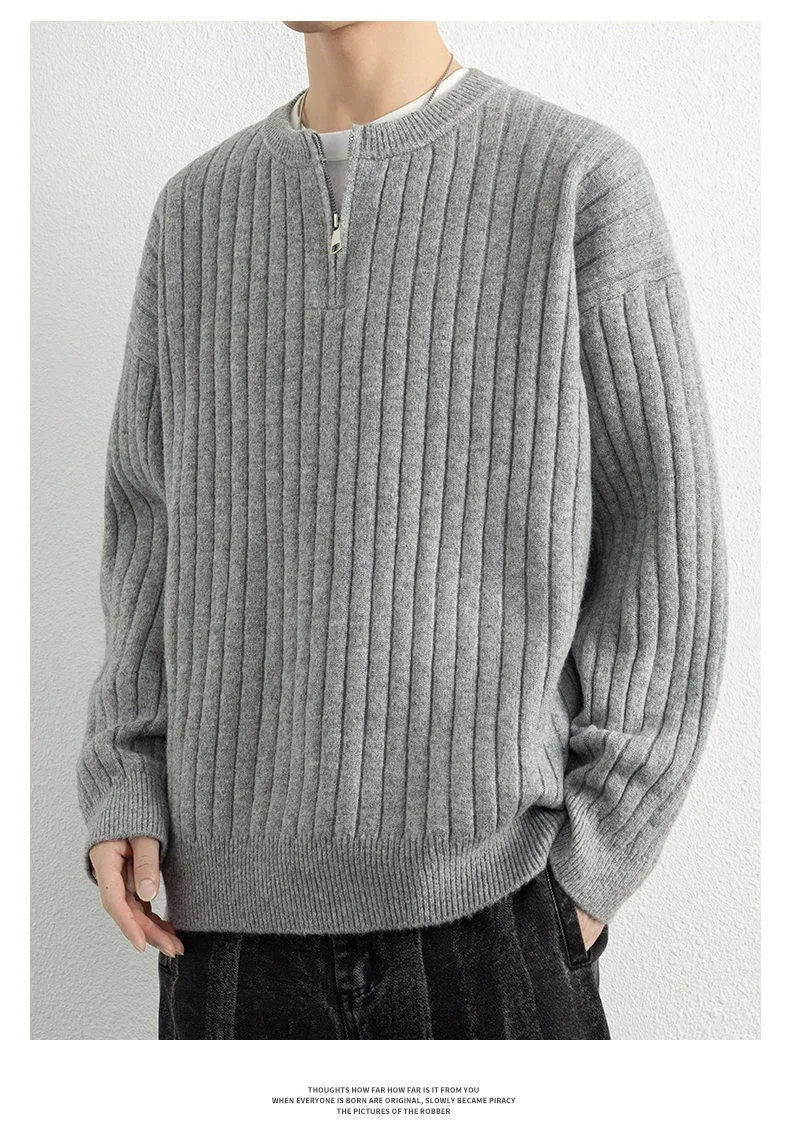 Men's grey half zipper loose pullover sweater with textured knit pattern and long sleeves