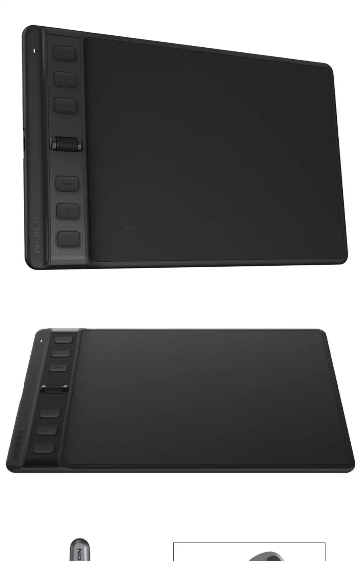 Hua Wang H641P digital drawing tablet with mobile connectivity in black or pink showing PW110 pen and dual work areas