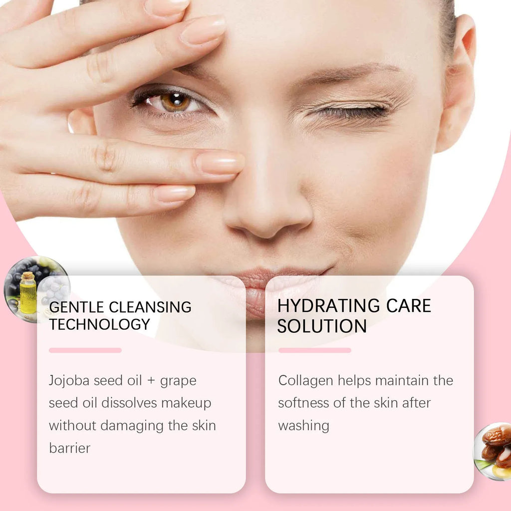 100ml bottle of collagen cleansing oil with jojoba and grape seed oil for makeup removal.