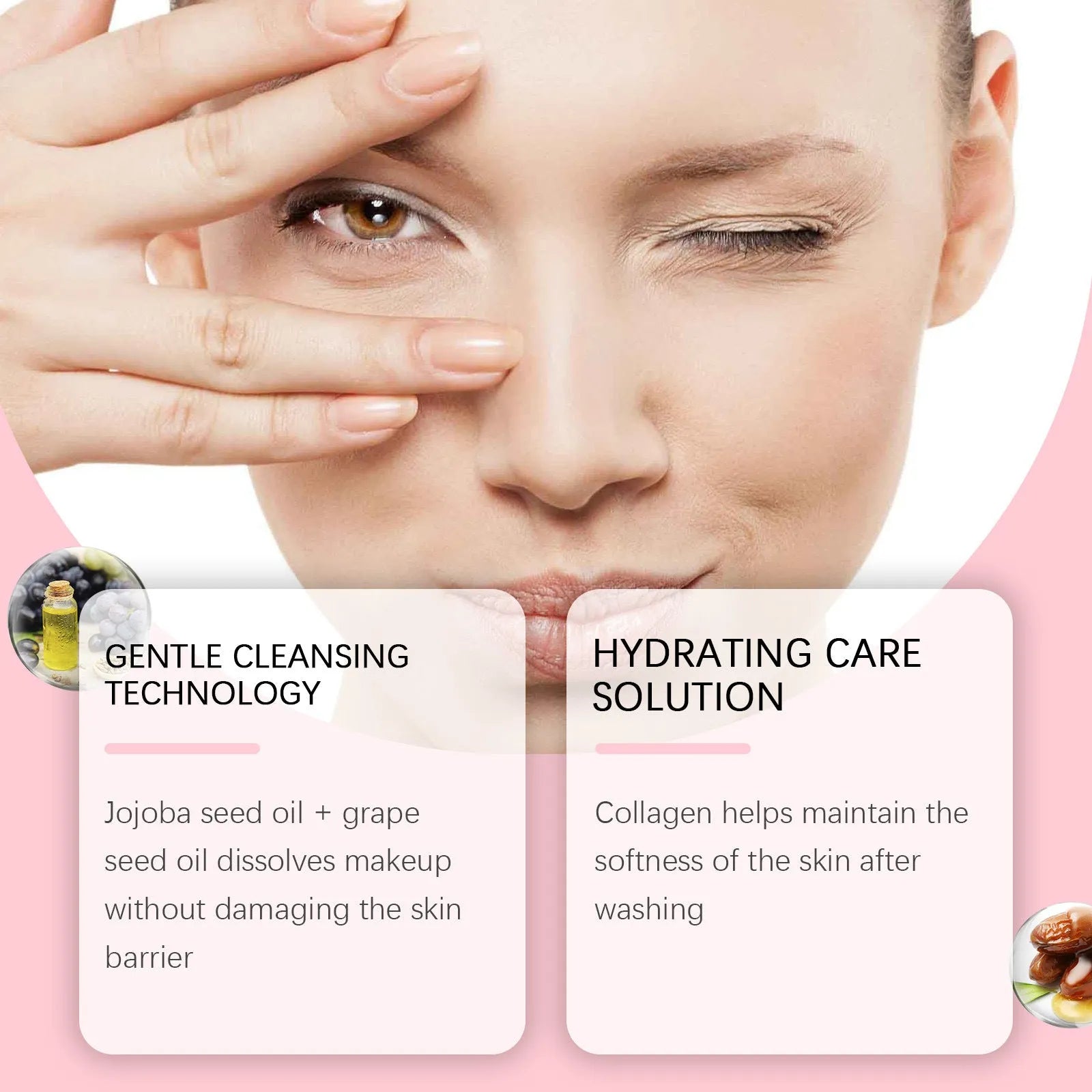 100ml bottle of collagen cleansing oil with jojoba and grape seed oil for makeup removal.