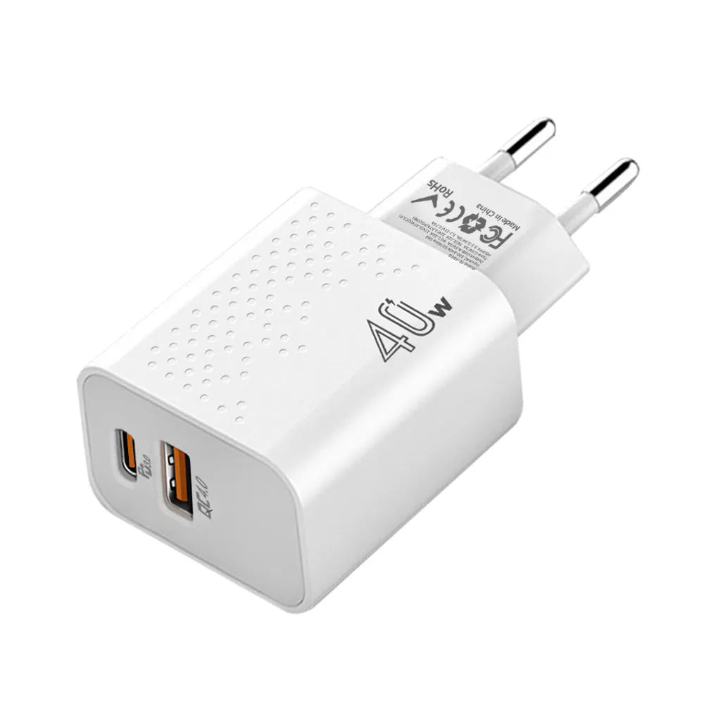 White dual-port USB wall charger with European standard plug and black variant with American plug