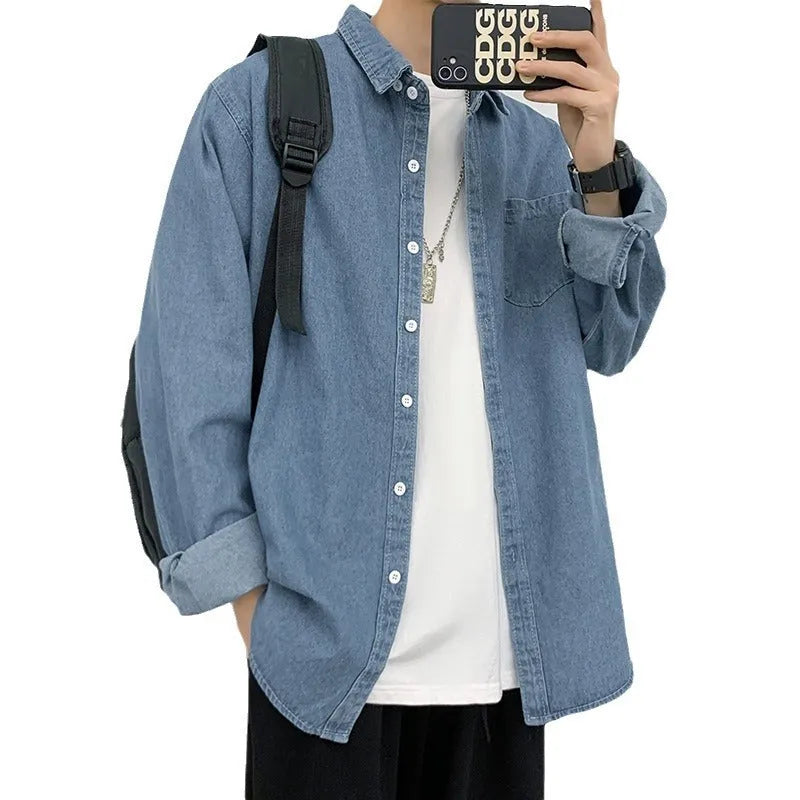 Men's pure cotton long sleeve denim shirt in dark blue, loose cardigan style, front view