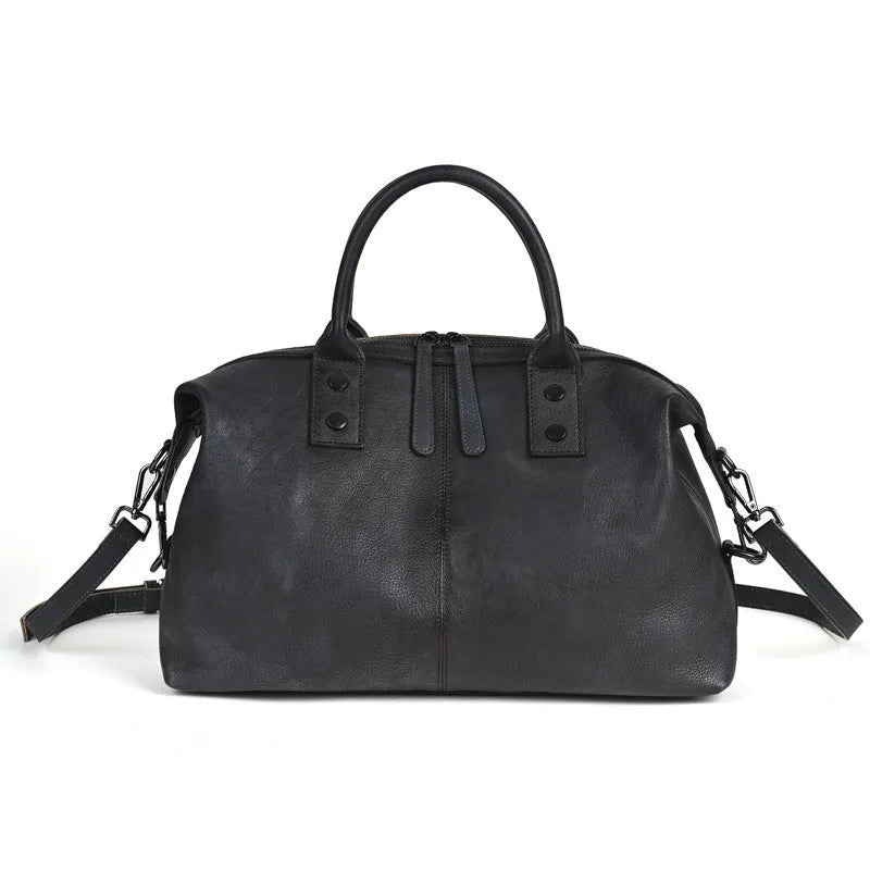 Women's retro large-capacity genuine leather handbag in brown with single shoulder strap and horizontal square shape