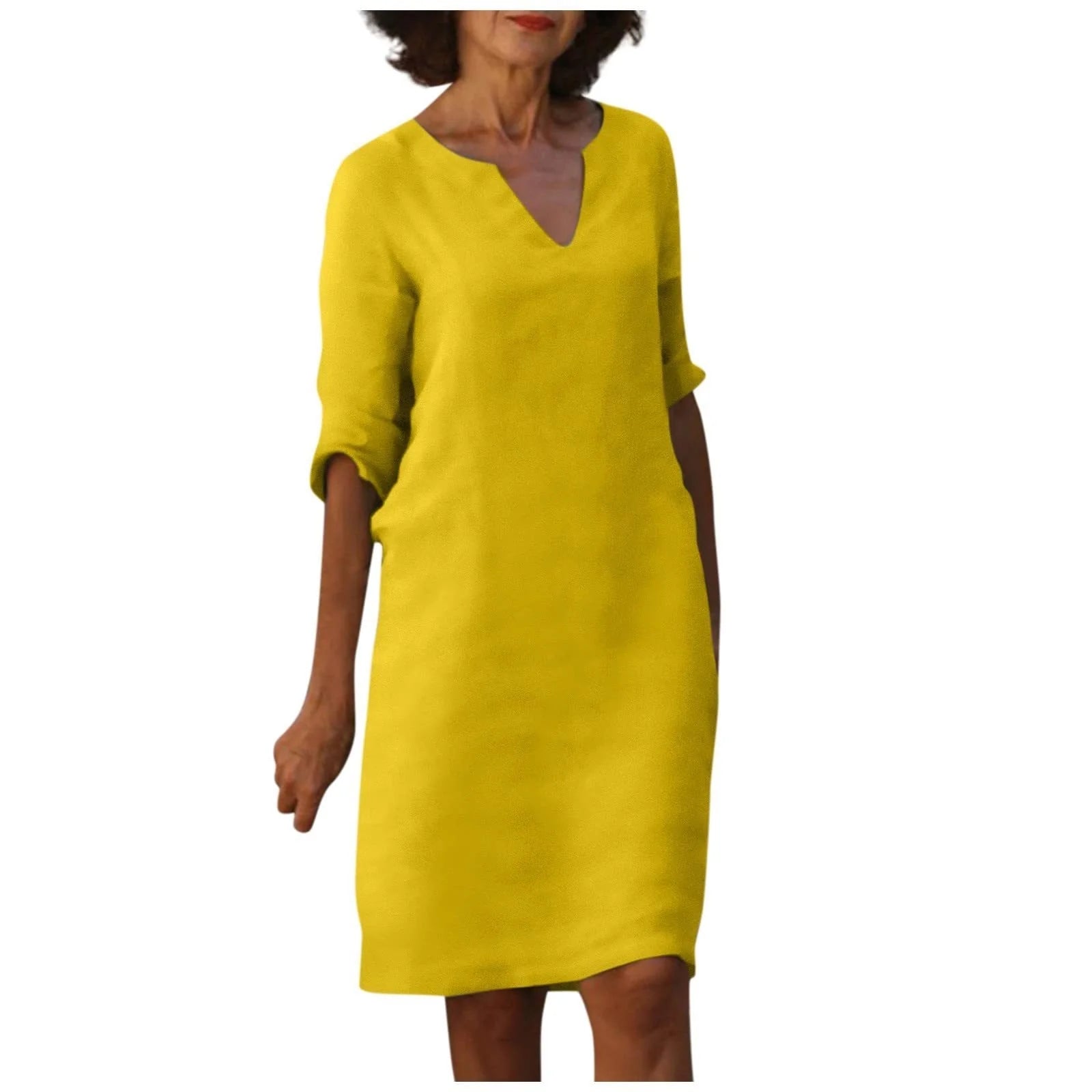 Cotton and linen V-neck dress with retro high waist design in various colours