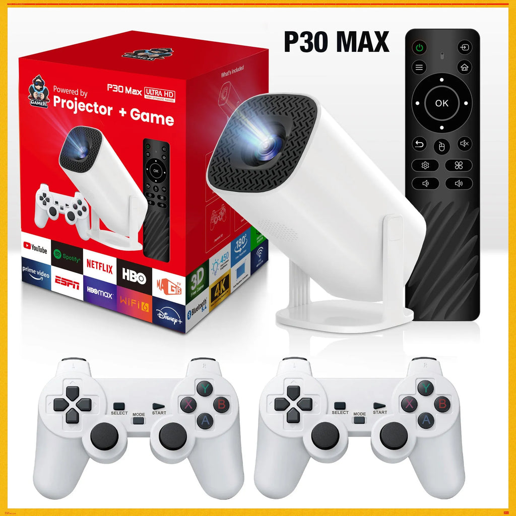 Wireless 720p HD portable game projector with remote on white background, multiple colour model options