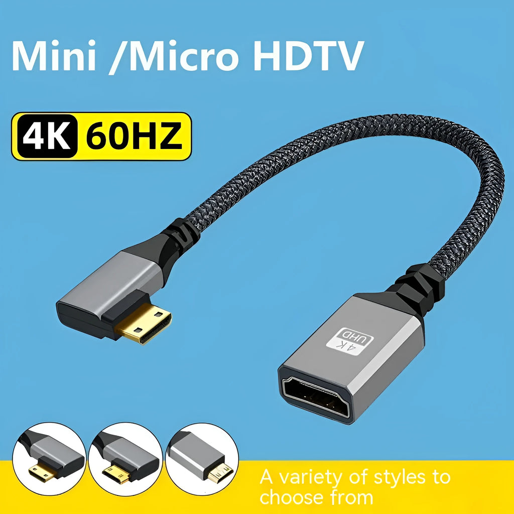 Mini HDMI to HDMI female adapter cable with gold-plated connectors, 1.2m length, straight head option