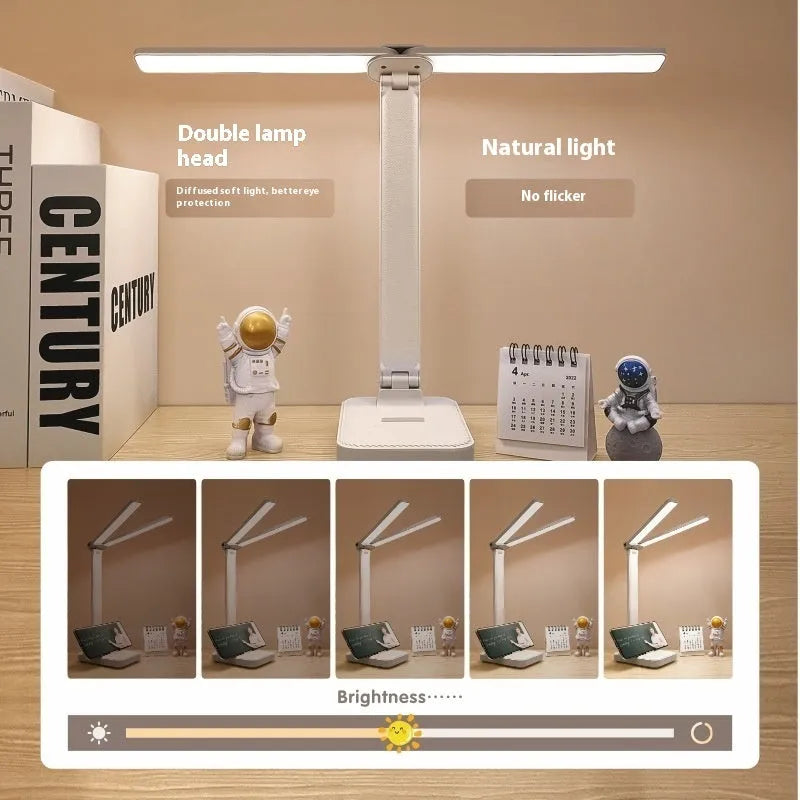 Simple dual lamp holder table lamp for children and students in white with square bottom base and charging cable