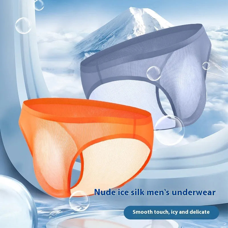 Men's ice silk seamless underwear briefs in translucent fabric with stripe patterns
