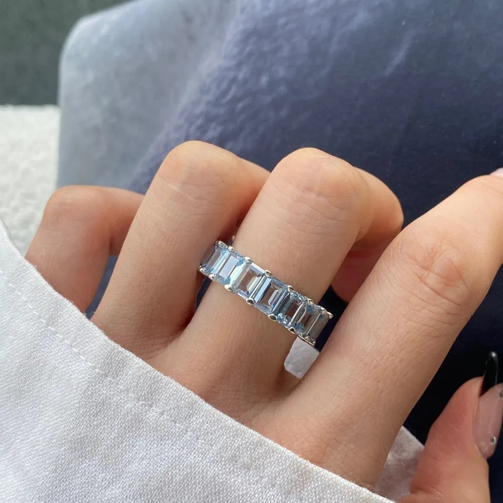 Women's rectangular silver ring with full diamond and super glitter zircon stones in blue colour