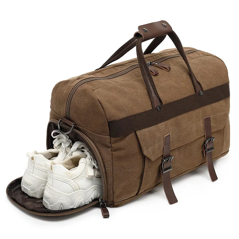 Canvas crossbody travel bag with 36-55L capacity in retro style, shown in black colour option