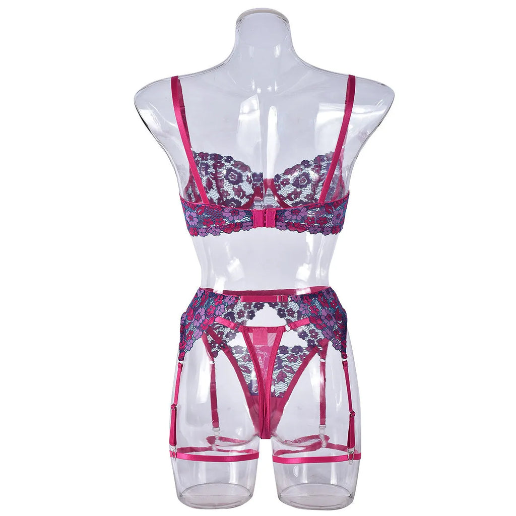 Rose red women's bikini with contrast colour embroidery, polyester swimwear set