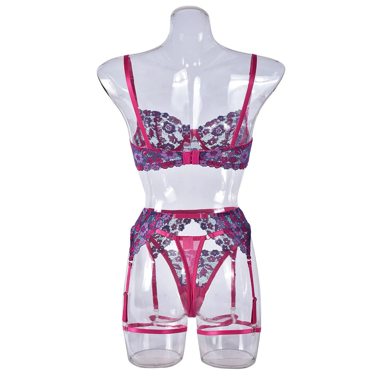 Rose red women's bikini with contrast colour embroidery, polyester swimwear set