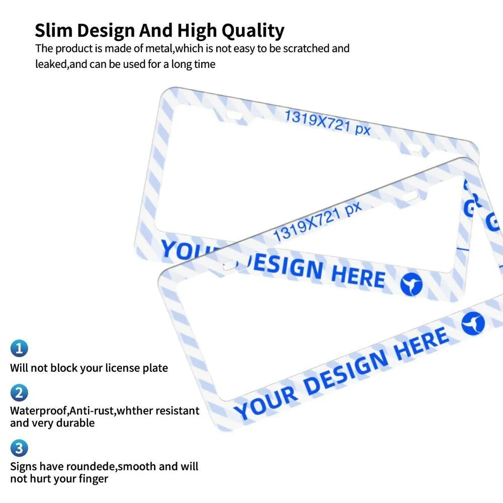 Pair of flat-hole aluminium license plate holders for front and rear car plates, customisable with printed design