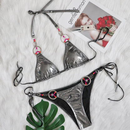 Women's silver bikini with split briefs design showing front view