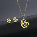 Stainless steel heart-shaped mom necklace and earring set in TZ-216 gold finish on display