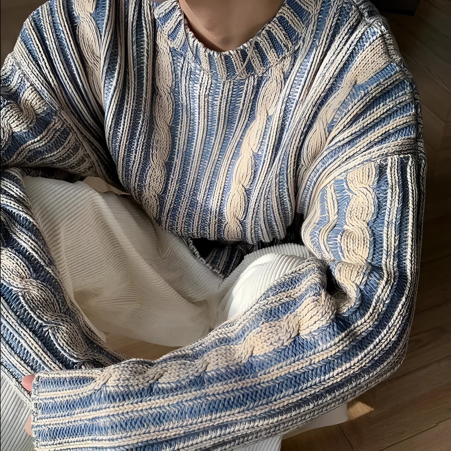 Men's retro multi-coloured stripe knitted sweater, round neck pullover, loose fit, cotton blend and rabbit fur