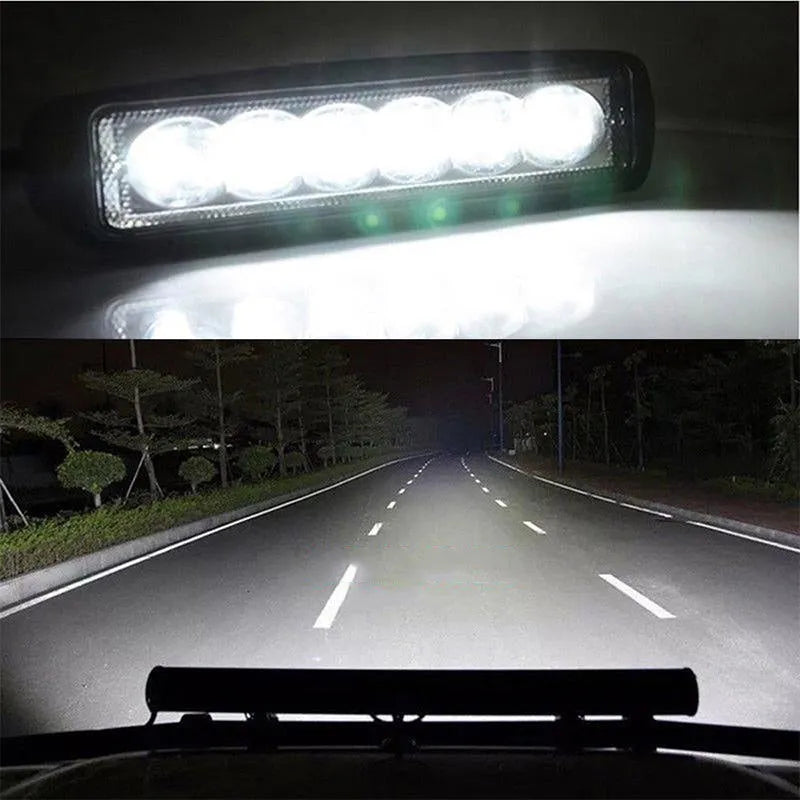 Black die-cast aluminium car auxiliary LED spotlight with white light, mounted on a bracket.