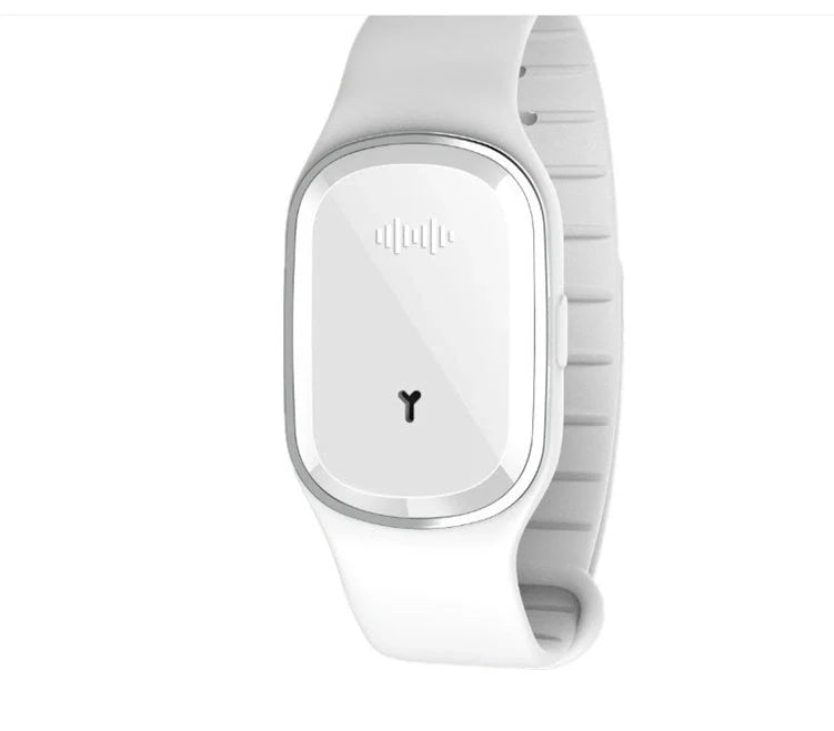 Ultrasonic mosquito repellent wristband in various colours, showcasing waterproof design and optional clock feature.