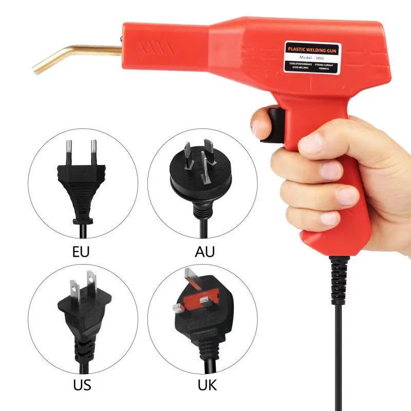 Red plastic welding gun for car bumper repair with pure copper transformer, nails, and pliers knife in black plastic box