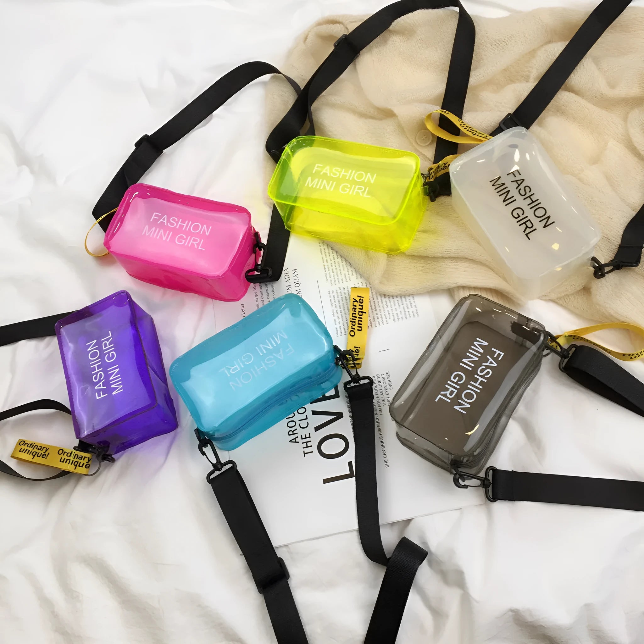 Transparent square jelly cross-body shoulder bag with adjustable strap in multiple colour options.