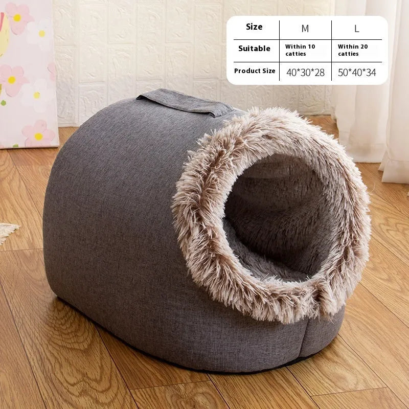 Grey fleece-lined closed cat sleeping bag bed shown next to a coffee-coloured one.