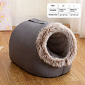 Grey fleece-lined closed cat sleeping bag bed shown next to a coffee-coloured one.