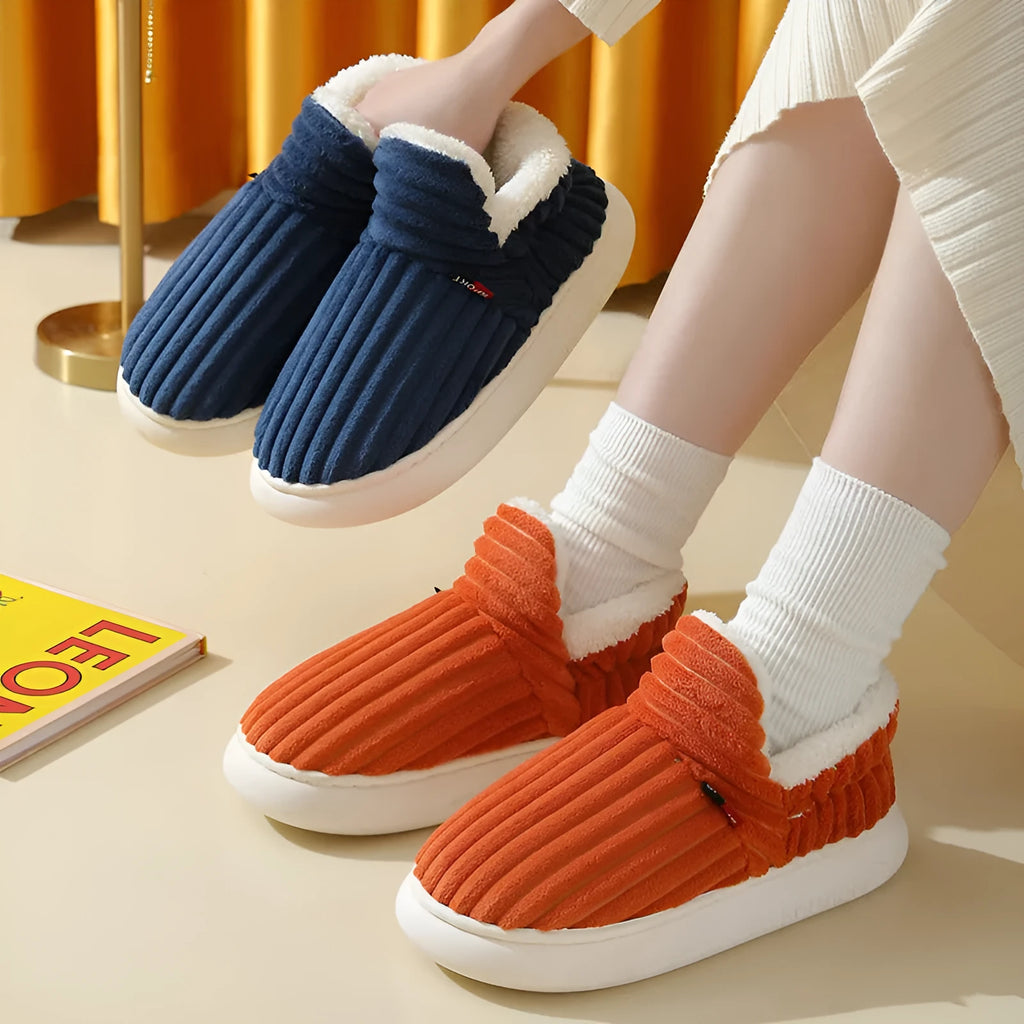 Women's winter cotton home slippers with corduroy lining, low-top flat heel, available in pink colour