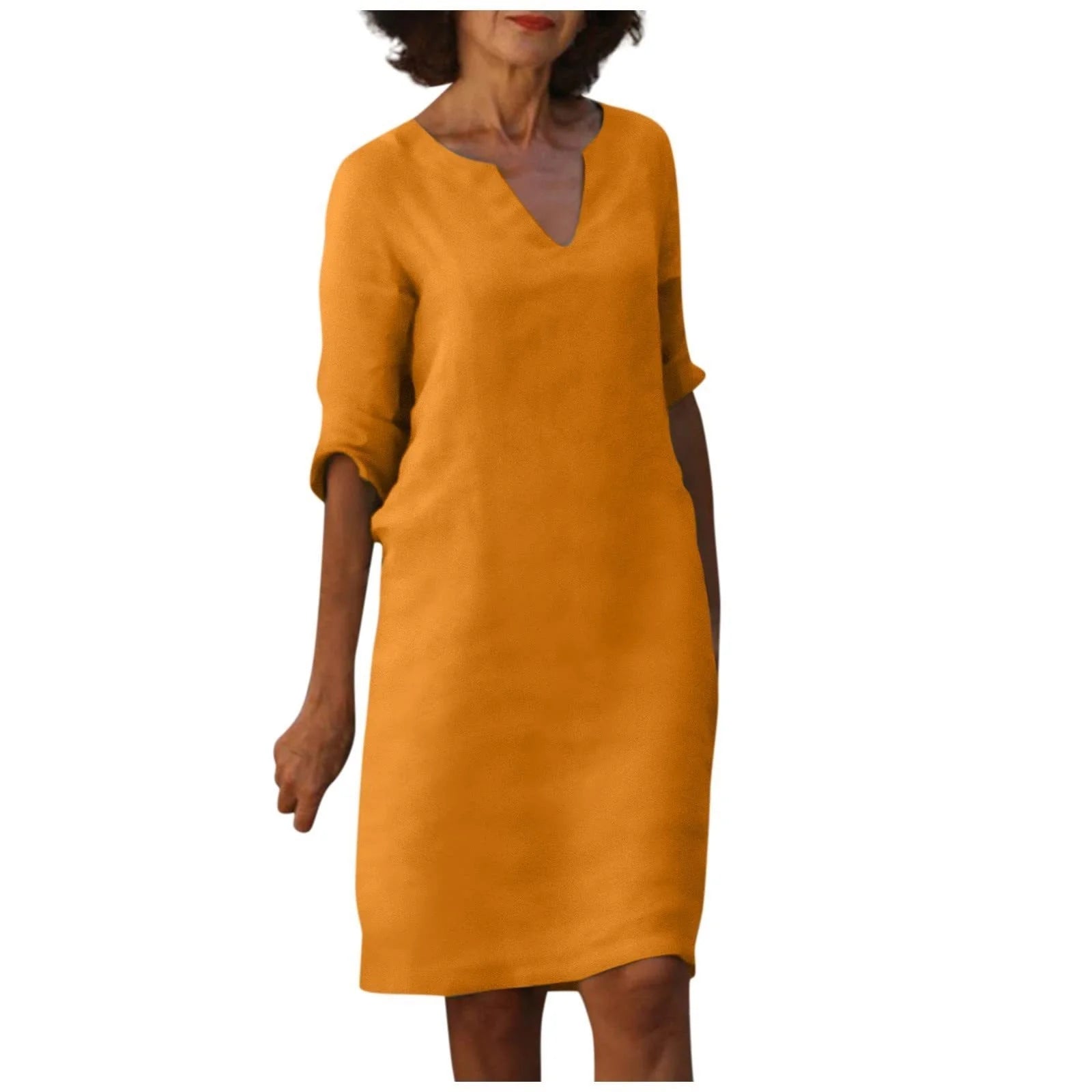 Cotton and linen V-neck dress with retro high waist design in various colours