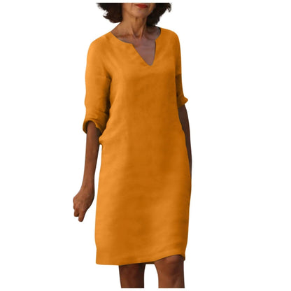 Cotton and linen V-neck dress with retro high waist design in various colours