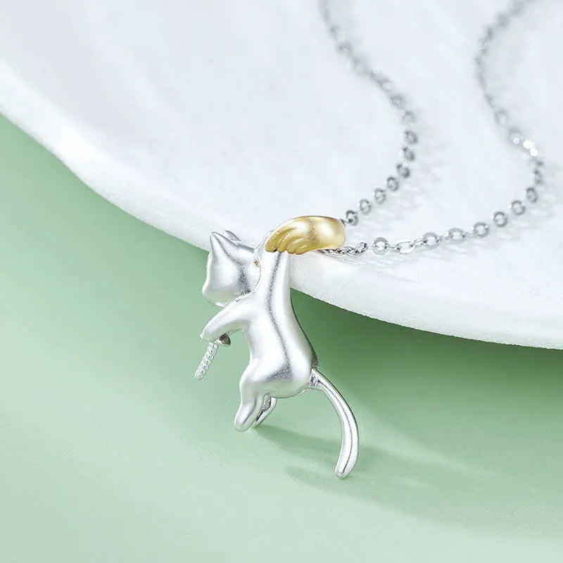 925 sterling silver cat pendant clavicle necklace with chain and pearl bead options