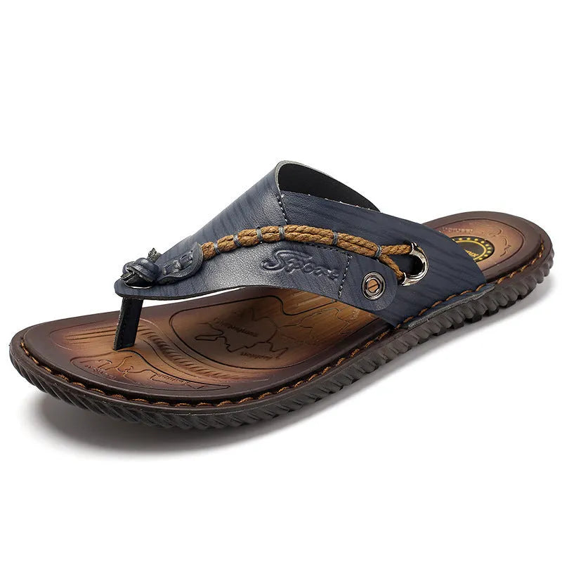Men's non-slip slippers in PU leather, shown in black, blue, khaki, and light brown colour options.