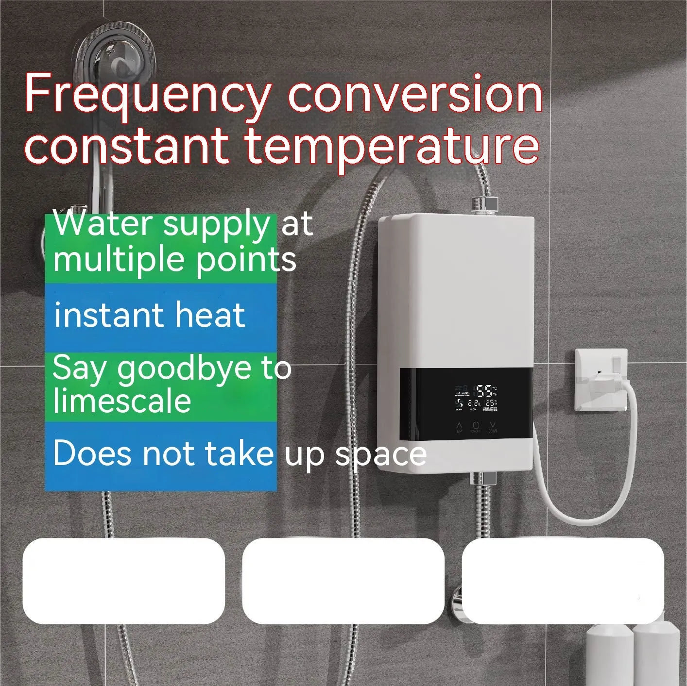 Gold instantaneous electric water heater unit with a separate white touch remote control and LED display