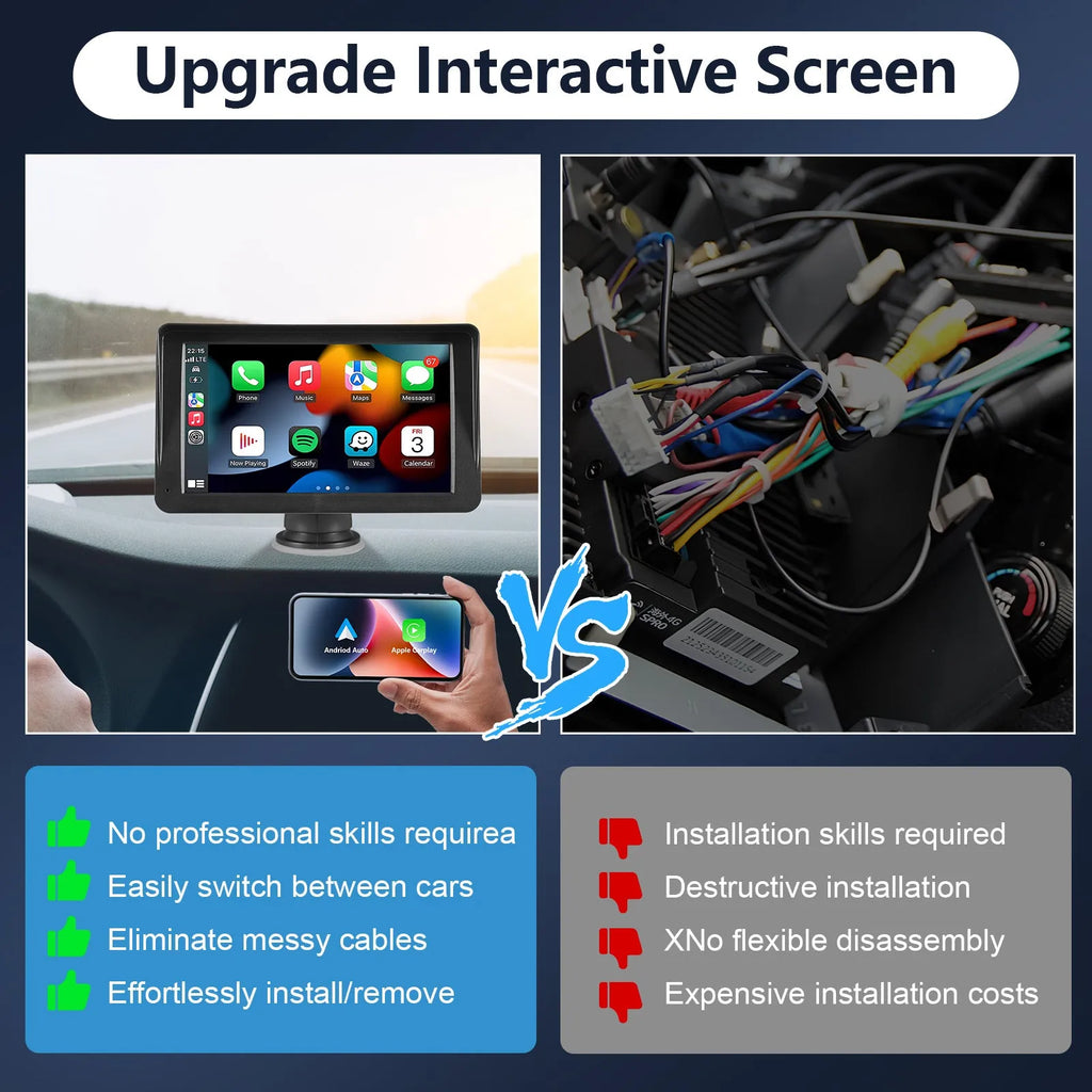 Portable 7-inch car stereo with wireless CarPlay and Android Auto touchscreen display