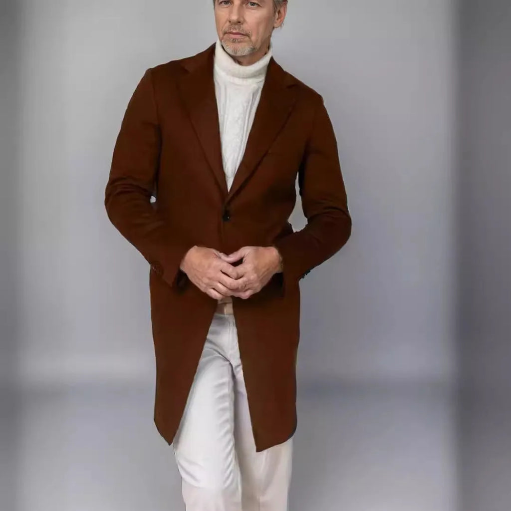 British-style medium-length slim fit men's wool winter coat in navy blue