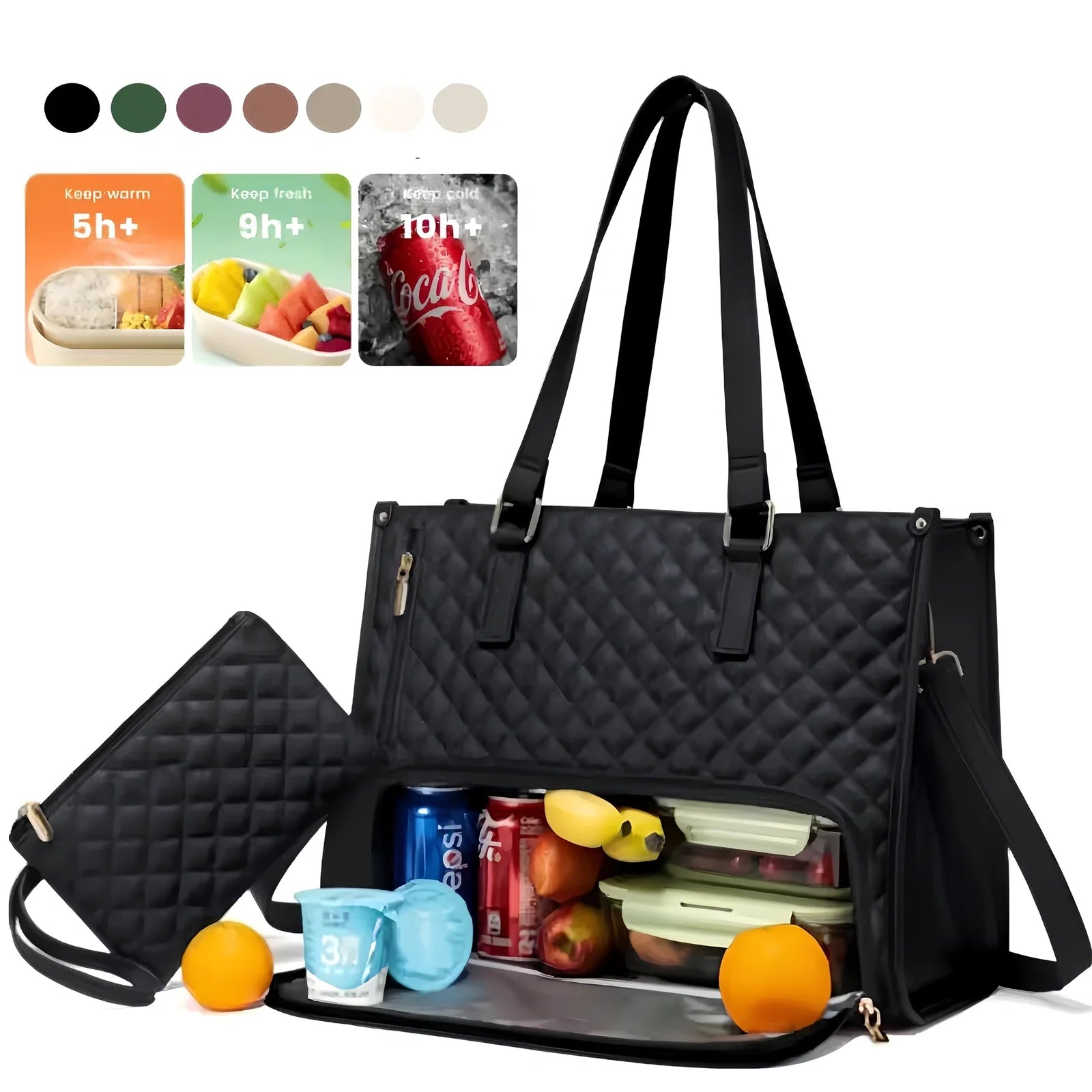 Brown women's insulated lunch bag 42x30x18cm with leak-proof lining and diagonal strap