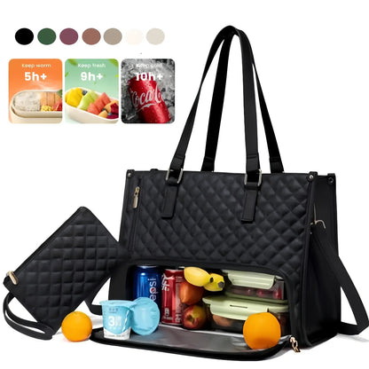 Brown women's insulated lunch bag 42x30x18cm with leak-proof lining and diagonal strap