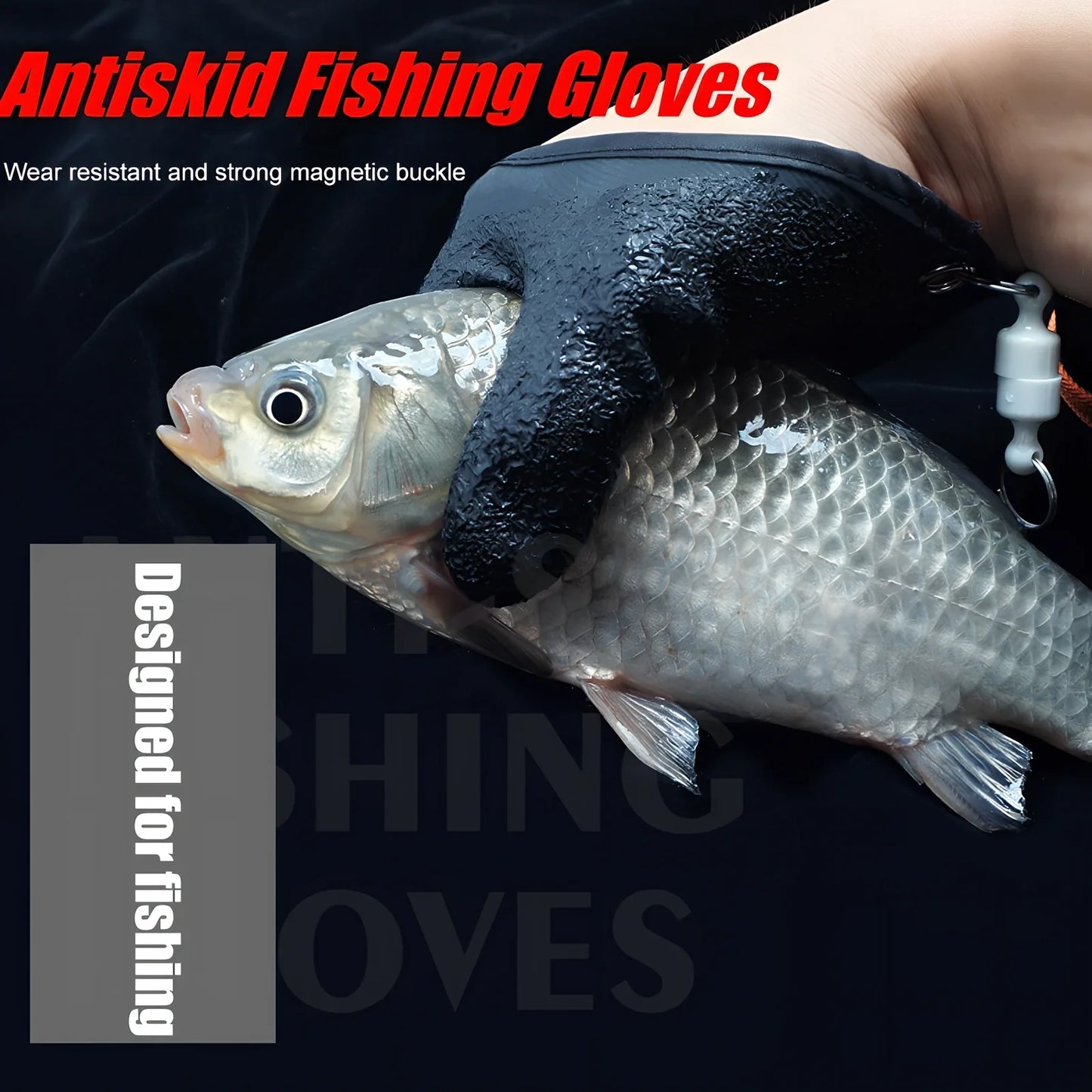 Purple anti-slip fishing gloves with latex coating and magnetic clip for puncture protection in left or right hand, 25cm length