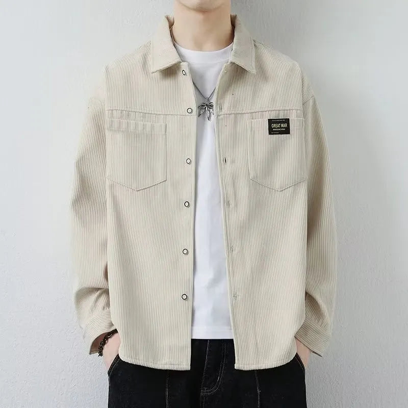 Men's long-sleeved corduroy jacket in cardigan style shown in khaki colour.