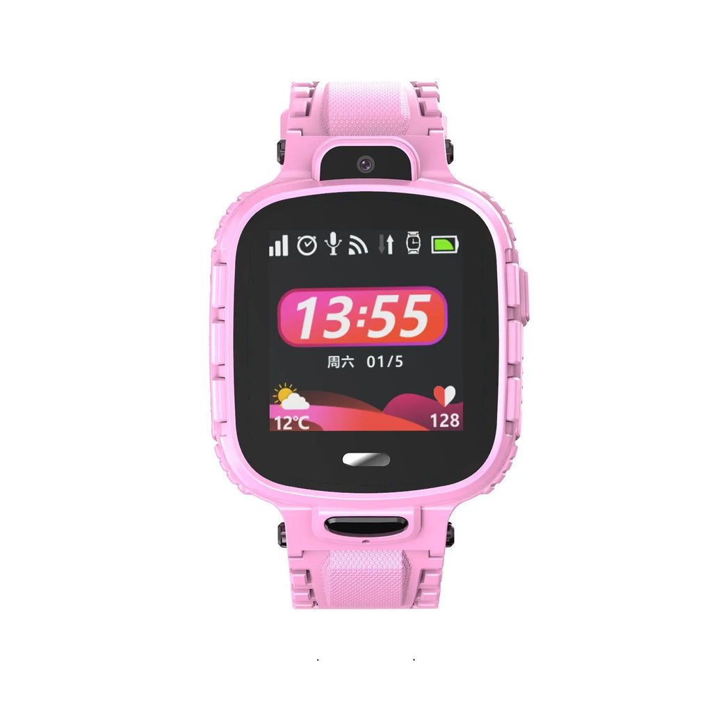 Children's GPS smart watch in pink with touch screen and camera on child's wrist
