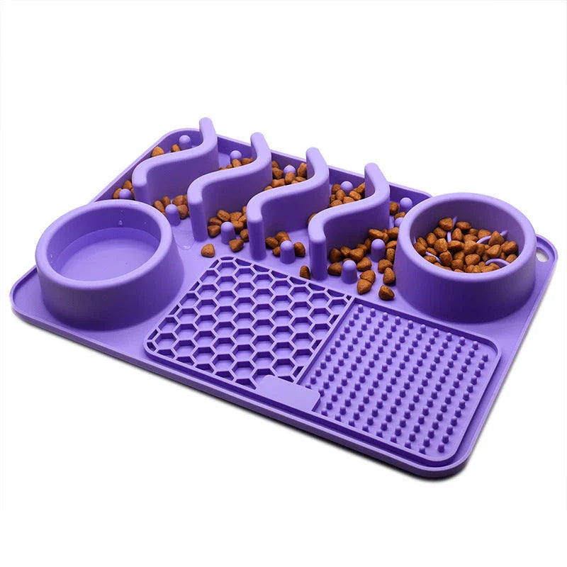 Premium silicone slow feeder licking mat for dogs, available in small and large sizes with textured surface to slow down eating pace and promote dental health