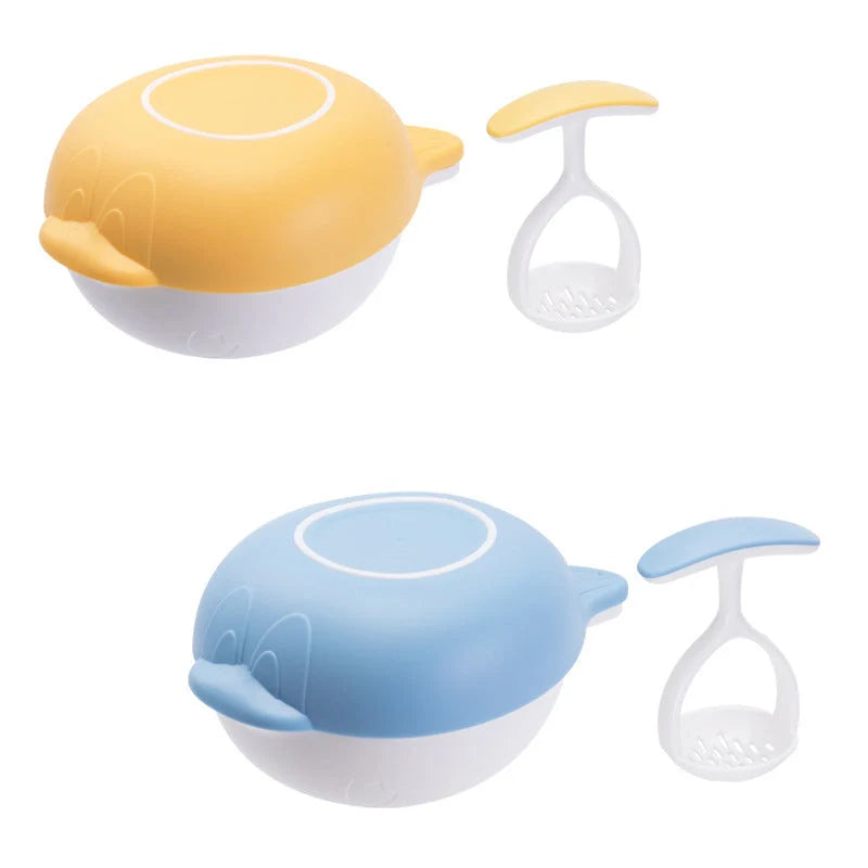 Manual baby food grinder set in blue and yellow with anti-slip rings