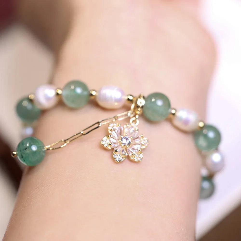 Green strawberry freshwater pearl bracelet with Chinese geometric patterns and peace buckle clasp