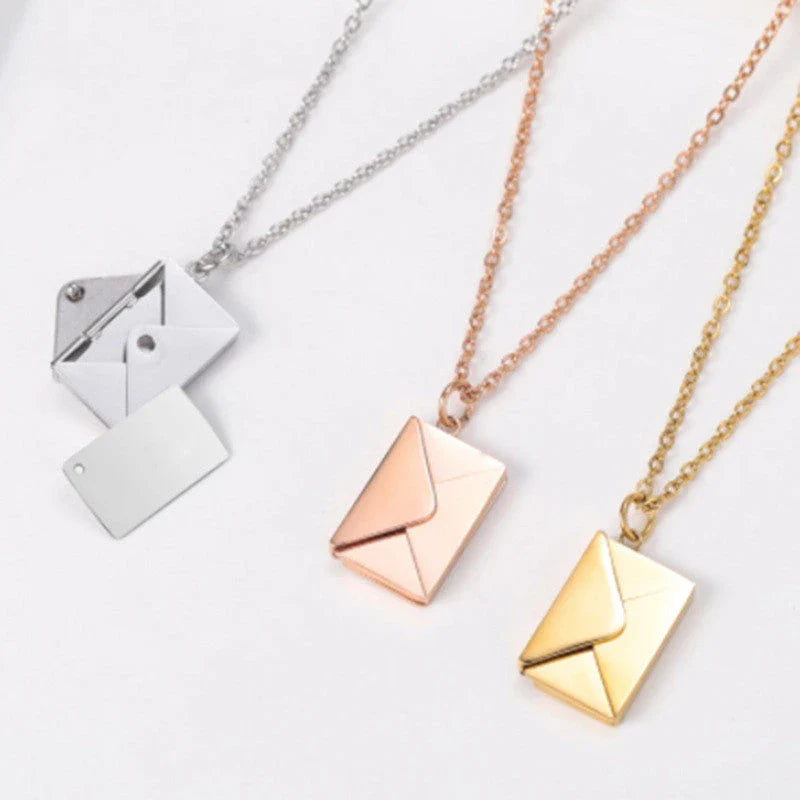 Elegant titanium steel envelope-shaped pendant necklace in silver, rose gold, and gold colors