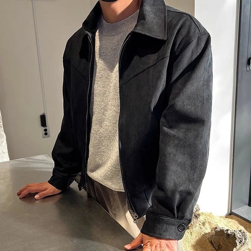 Loose fit Hong Kong style short jacket in brown suede fabric with lapel collar, front view