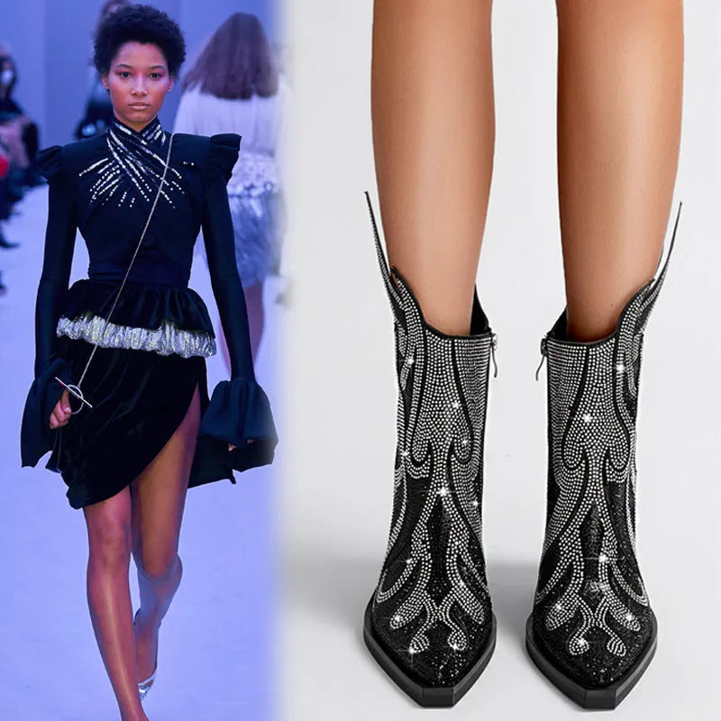 Women's black square toe Martin boots with chunky heels and rhinestone flame decoration, side zipper closure