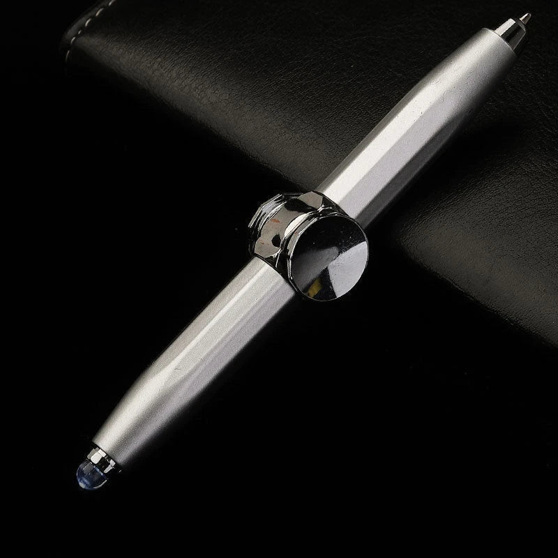 A metal ballpoint pen with a gyro spinner mechanism and LED light, offering a unique spinning and writing experience for office, school, and personal use.